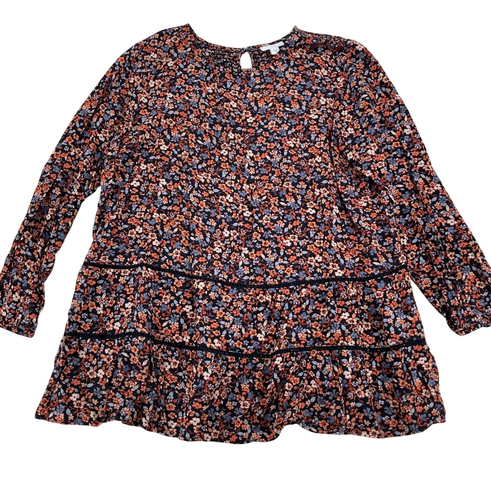 J. Jill Floral Tiered Boho Peasant Blouse Womens M Blue Orange Top Cottagecore